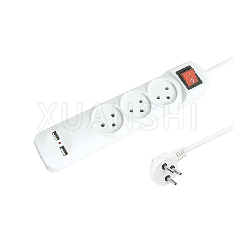 Israel 3-vejs strømskinne med switch og to USB-porte (med børnebeskyttelse) JL-10A,XS-XBK31U